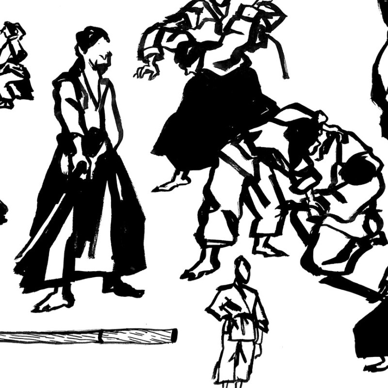 Des étudiants en art croquent les cours d&rsquo;aïkido